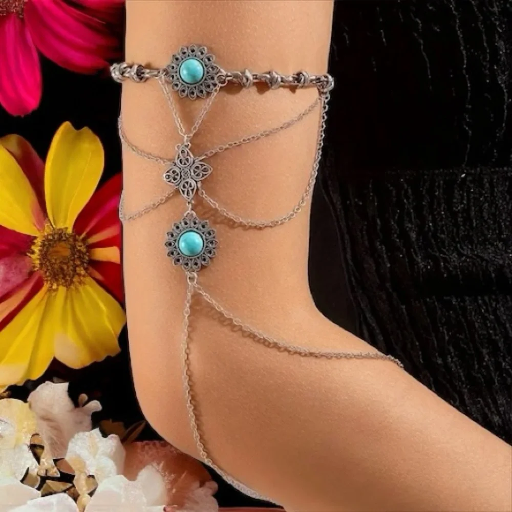 Bohemian Silvery Arm Chain With Green Turquoise Inlaid, Floral Pendant,‎ Ethnic